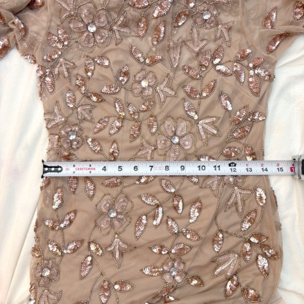 Adrianna Papell Beaded Sequin Mesh Midi Dress Rose Gold Flutter‎ Sleeve Size 2 - Picture 14 of 16